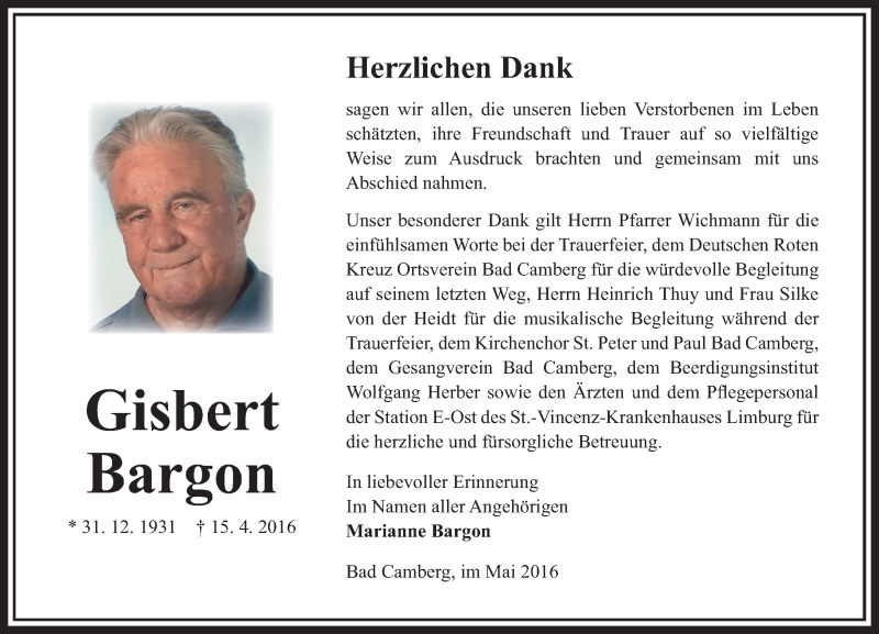  Traueranzeige für Gisbert Bargon vom 12.05.2016 aus  Camberger Anzeiger
