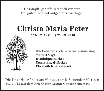 Traueranzeige von Christa Maria Peter von Trauerportal Rhein Main Presse