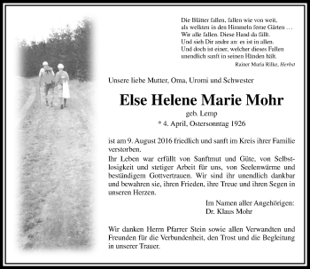 Traueranzeige von Else Helene Marie Mohr von  Gießener Anzeiger