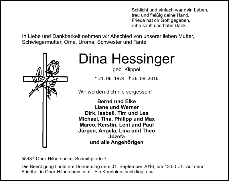  Traueranzeige für Katharina Hessinger vom 30.08.2016 aus Trauerportal Rhein Main Presse