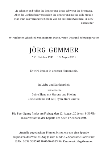 Traueranzeige von Jörg Gemmer von Darmstädter Echo