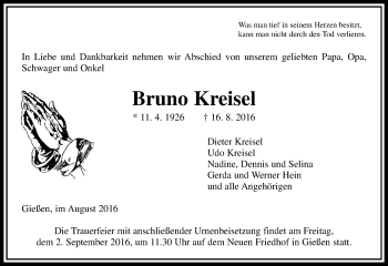Traueranzeige von Bruno Kreisel von  Gießener Anzeiger