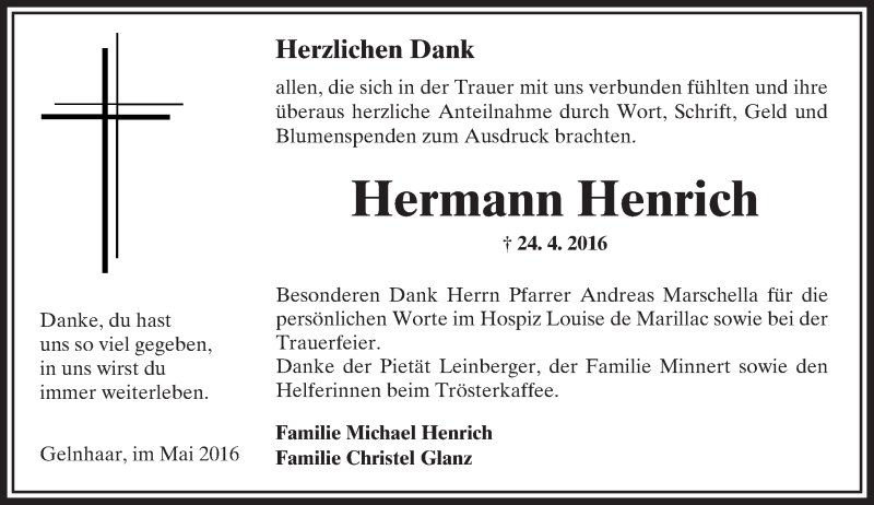  Traueranzeige für Hermann Henrich vom 28.05.2016 aus  Kreisanzeiger