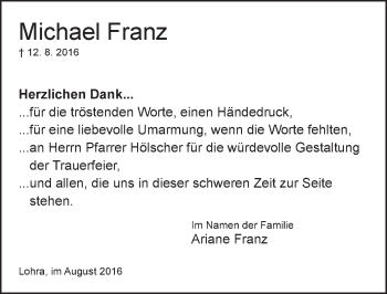 Traueranzeige von Michael Franz von  Gießener Anzeiger