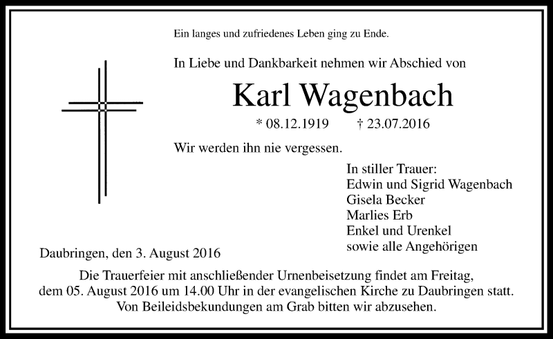 Traueranzeigen von Karl Wagenbach www.vrmtrauer.de
