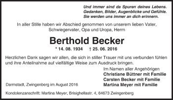Traueranzeige von Berthold Becker von Trauerportal Echo Online