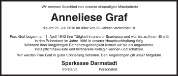 Traueranzeige von Anneliese Graf von Trauerportal Echo Online