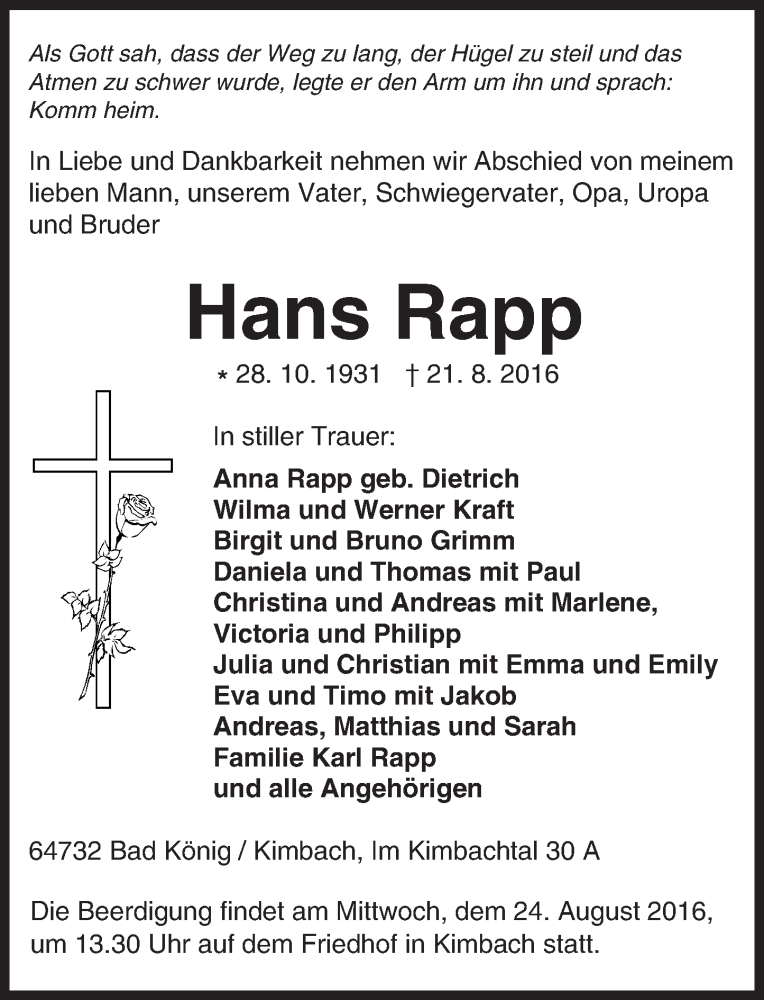  Traueranzeige für Hans Rapp vom 23.08.2016 aus Trauerportal Echo Online