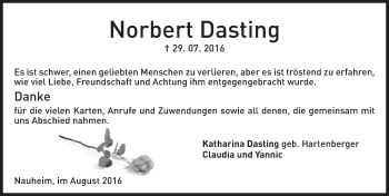 Traueranzeige von Norbert Dasting von Trauerportal Rhein Main Presse