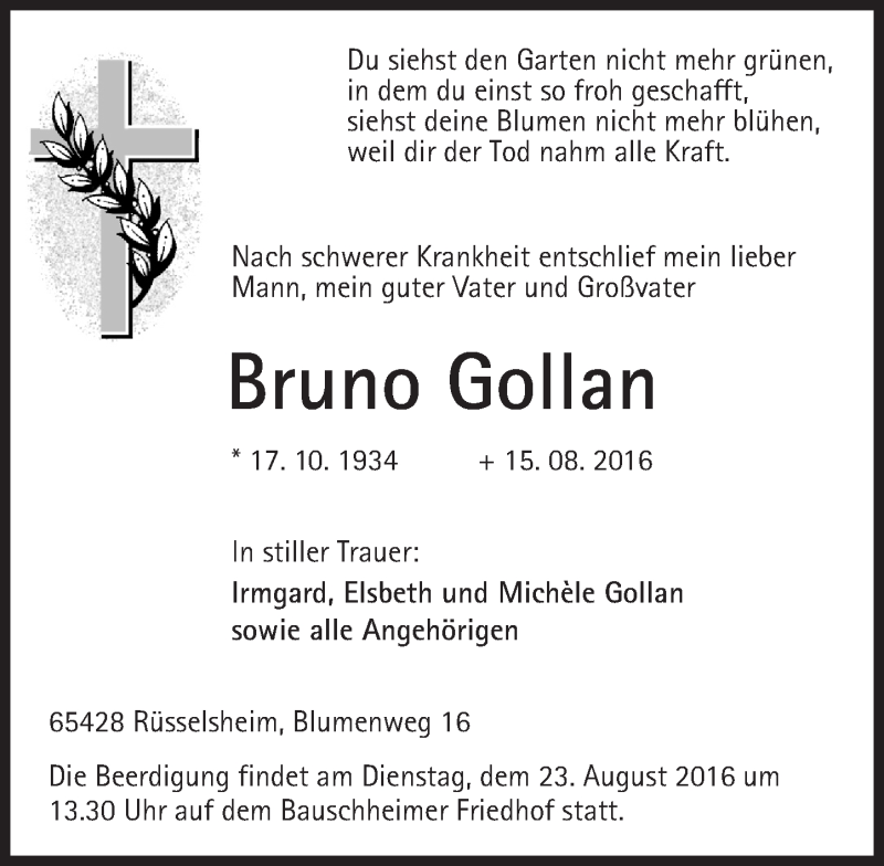  Traueranzeige für Bruno Gollan vom 20.08.2016 aus Trauerportal Rhein Main Presse