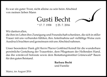 Traueranzeige von Gusti Becht von Trauerportal Rhein Main Presse