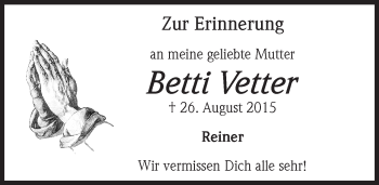 Traueranzeige von Betti Vetter von Trauerportal Rhein Main Presse