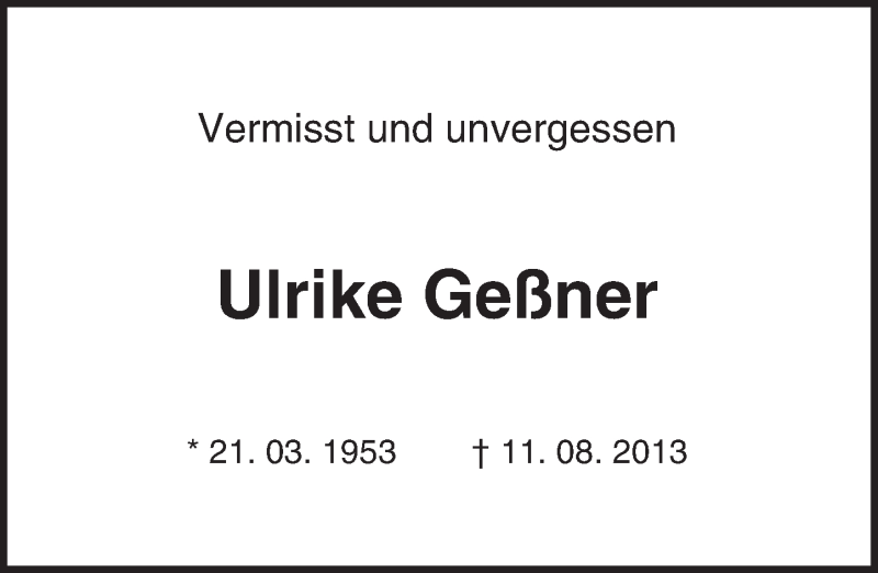  Traueranzeige für Ulrike Geßner vom 11.08.2016 aus Trauerportal Rhein Main Presse