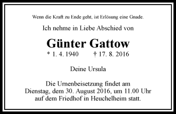 Traueranzeige von Günter Gattow von  Gießener Anzeiger