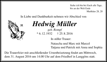 Traueranzeige von Hedwig Müller von  Gießener Anzeiger