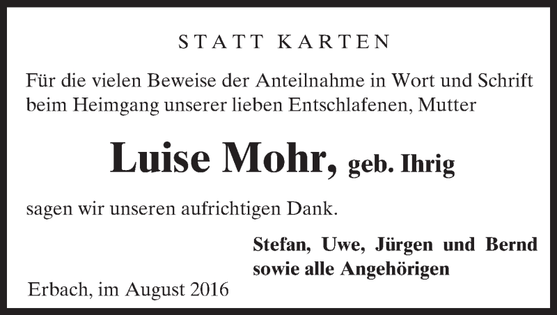  Traueranzeige für Luise Mohr vom 31.08.2016 aus Trauerportal Rhein Main Presse
