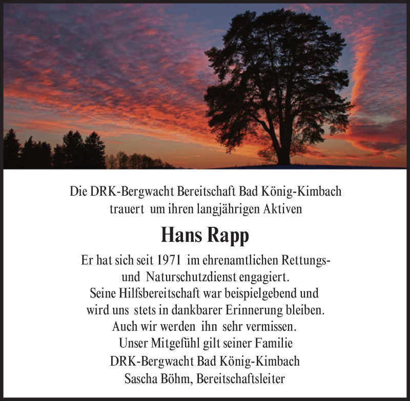  Traueranzeige für Hans Rapp vom 30.08.2016 aus Trauerportal Echo Online