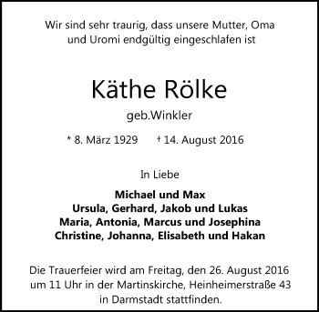Traueranzeige von Käthe Röhlke von Trauerportal Echo Online
