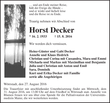 Traueranzeige von Horst Decker von Trauerportal Rhein Main Presse