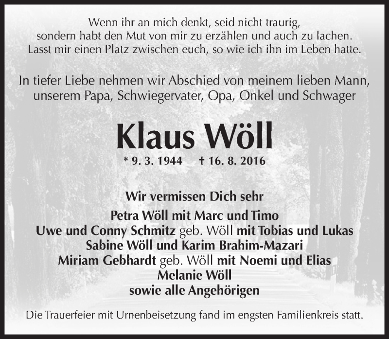  Traueranzeige für Klaus Wöll vom 27.08.2016 aus Trauerportal Rhein Main Presse