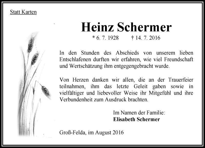  Traueranzeige für Heinz Schermer vom 20.08.2016 aus  OK Oberhessen Kurier