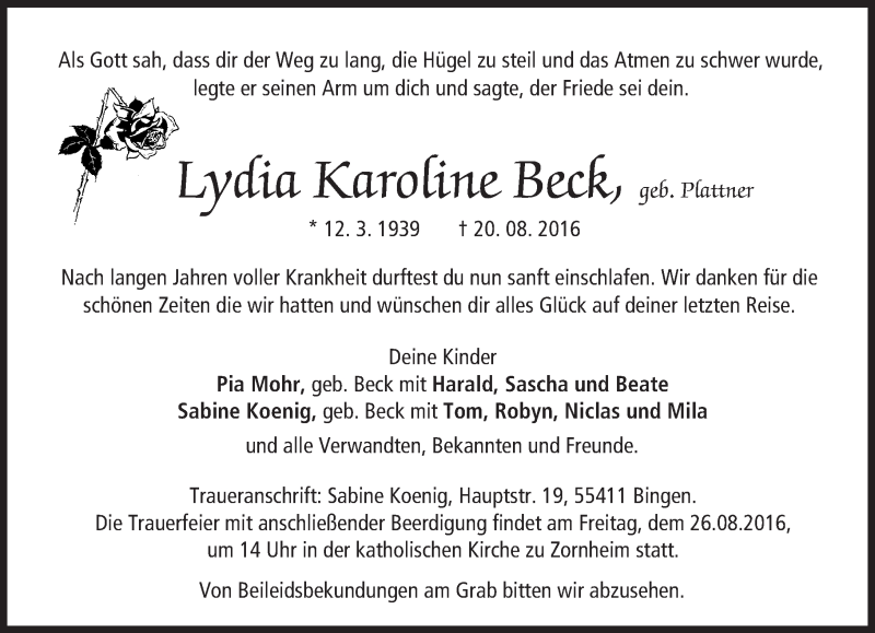  Traueranzeige für Lydia Karoline Beck vom 24.08.2016 aus Trauerportal Rhein Main Presse