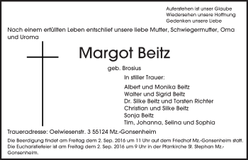 Traueranzeige von Margot Beitz von Trauerportal Rhein Main Presse