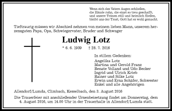 Traueranzeige von Ludwig Lotz von  Gießener Anzeiger