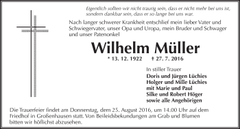 Traueranzeige von Wilhelm Müller von  GT Extra