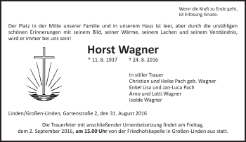 Traueranzeige von Horst Wagner von  Gießener Anzeiger