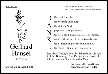 Traueranzeige von Gerhard Hansel von  OK Oberhessen Kurier
