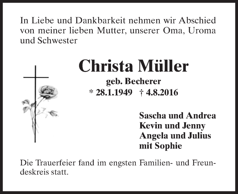  Traueranzeige für Christa Müller vom 27.08.2016 aus Trauerportal Rhein Main Presse