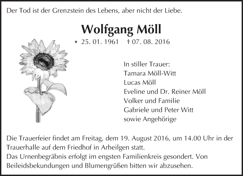  Traueranzeige für Wolfgang Möll vom 13.08.2016 aus Trauerportal Echo Online