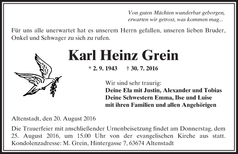  Traueranzeige für Karl Heinz Grein vom 20.08.2016 aus  Kreisanzeiger