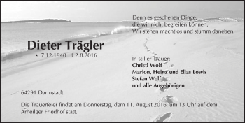 Traueranzeige von Dieter Trägler von Trauerportal Echo Online