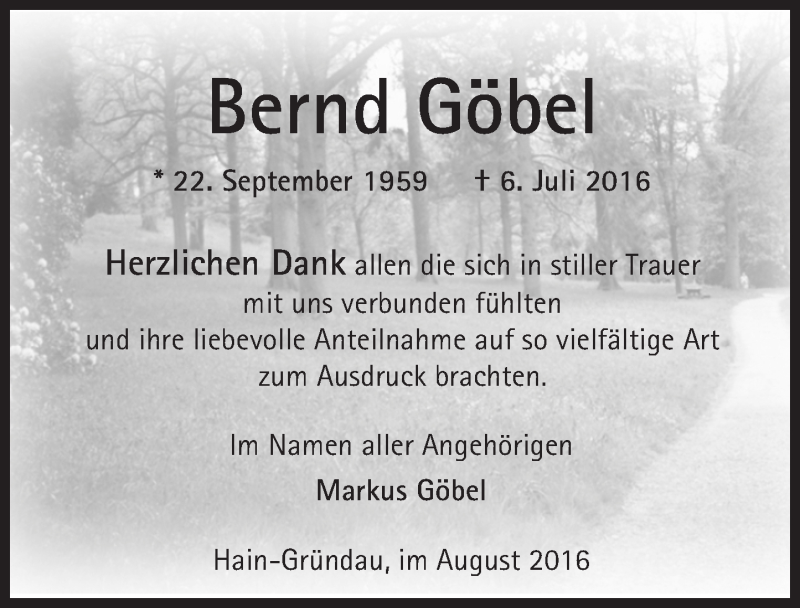  Traueranzeige für Bernd Göbel vom 03.08.2016 aus  GT Extra