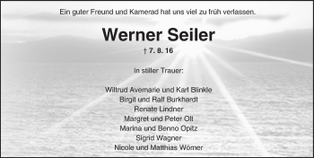 Traueranzeige von Werner Seiler von Trauerportal Echo Online