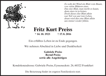Traueranzeige von Fritz  Preiss von Trauerportal Rhein Main Presse