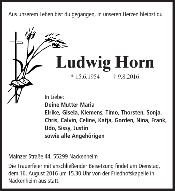Traueranzeige von Ludwig Horn von Trauerportal Rhein Main Presse