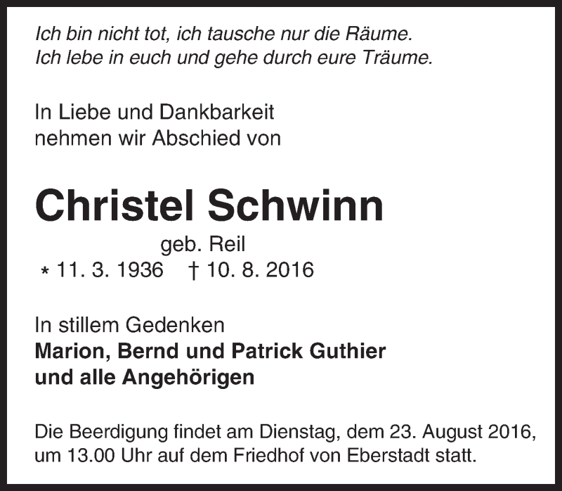  Traueranzeige für Christel Schwinn vom 20.08.2016 aus Trauerportal Echo Online