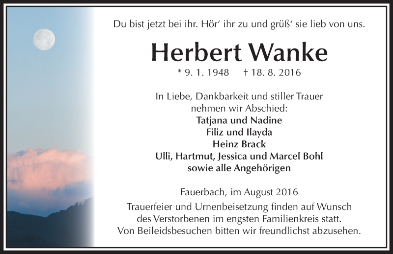  Traueranzeige für Herbert Wanke vom 22.08.2016 aus  Kreisanzeiger