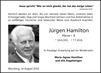 Traueranzeige von Jürgen Hamilton von Trauerportal Echo Online