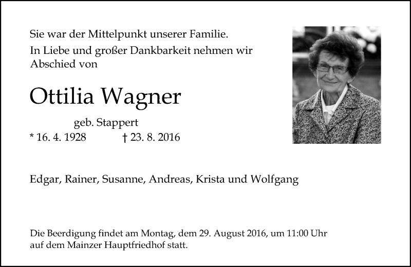  Traueranzeige für Ottilia Wagner vom 27.08.2016 aus Trauerportal Rhein Main Presse