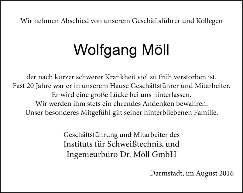  Traueranzeige für Wolfgang Möll vom 15.08.2016 aus Trauerportal Echo Online