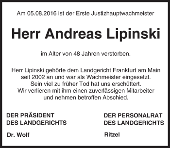 Traueranzeige von Andreas Lipinski von Trauerportal Echo Online