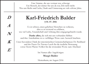 Traueranzeige von Karl-Friedrich Balder von Trauerportal Rhein Main Presse