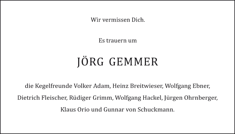  Traueranzeige für Jörg Gemmer vom 09.08.2016 aus Darmstädter Echo