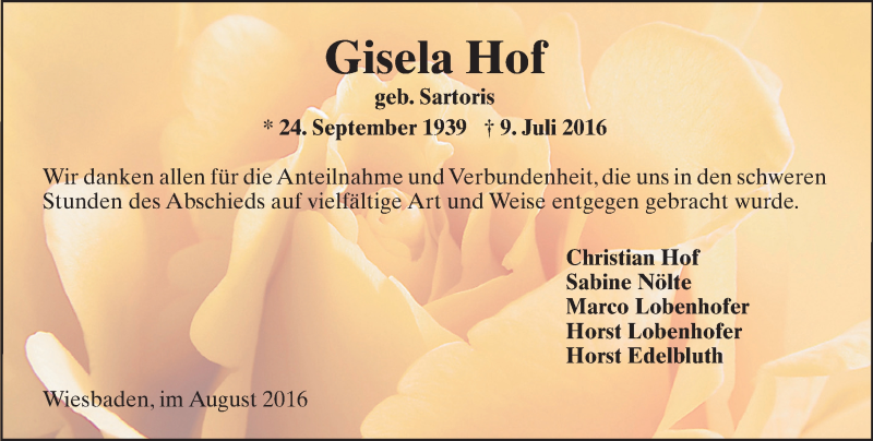  Traueranzeige für Gisela Hof vom 06.08.2016 aus Trauerportal Rhein Main Presse