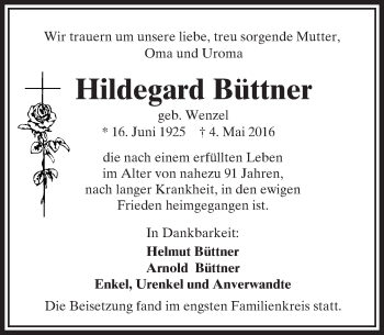 Traueranzeige von Hildegard Büttner von  Camberger Anzeiger