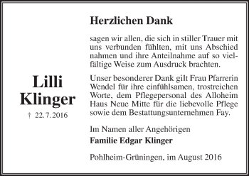 Traueranzeige von Lilli Klinger von  Gießener Anzeiger